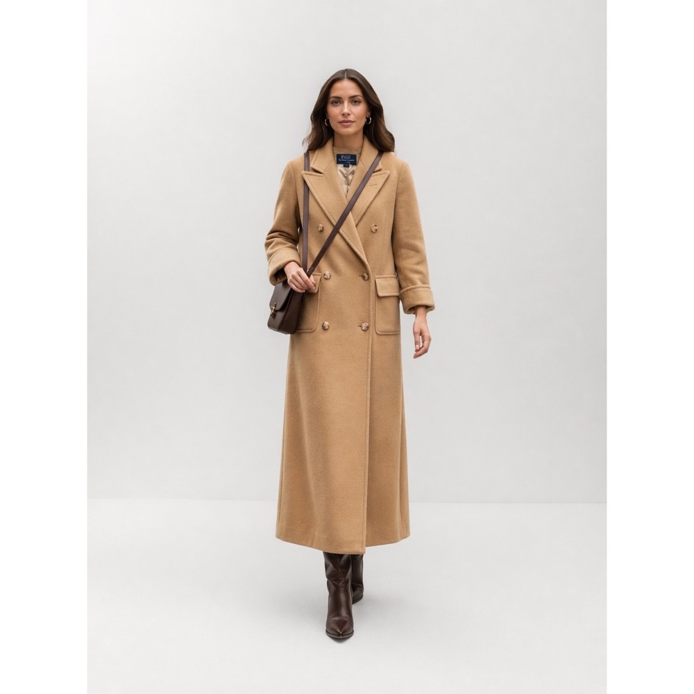Vintage Ralph Lauren Long Coat Women 4 Tan Wool Camel Hair Double Breasted USA